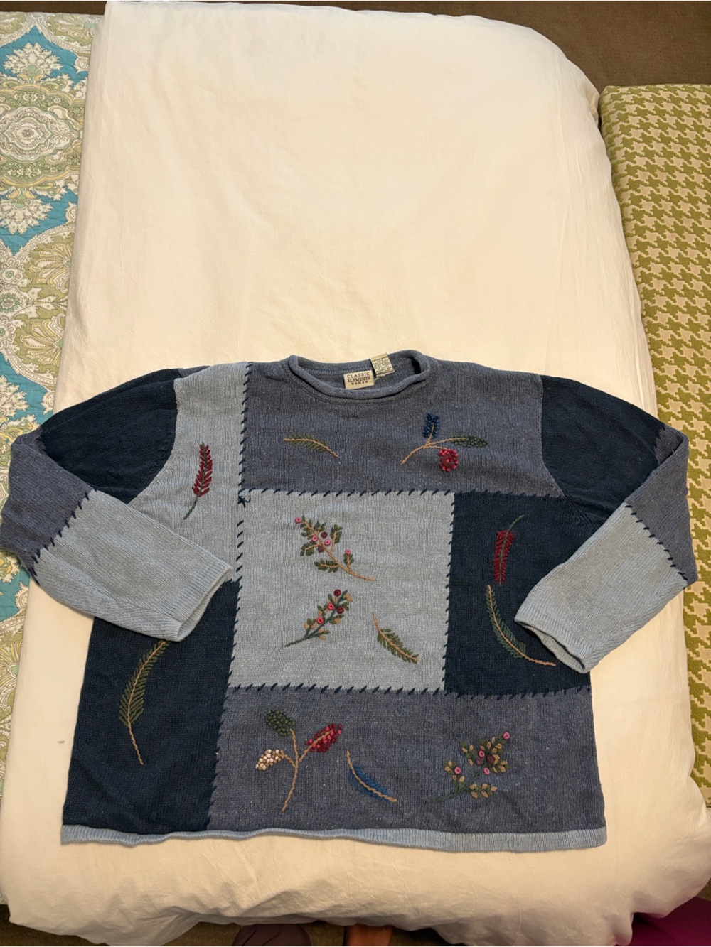 Classic Women Sweater - Blue Patchwork with Embroidered Floral Accents
